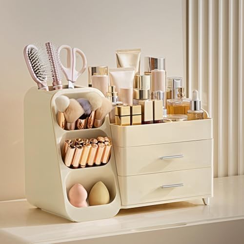 HBlife Makeup Organizer with Brush Holder for Vanity, Large Plastic Bathroom Countertop Organizer Skin Care Storage, Easy to Store Lipsticks, Nail Polishes, Perfumes, Eyeshadow Palettes, All Beige - Image 5