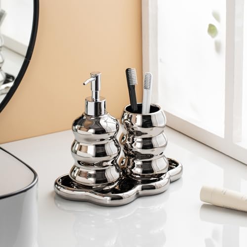 Silver Bathroom Accessory Set, 3-Piece Ceramic Bath Accessories Set with Tray, Lotion Dispenser, and Tumbler - Image 6