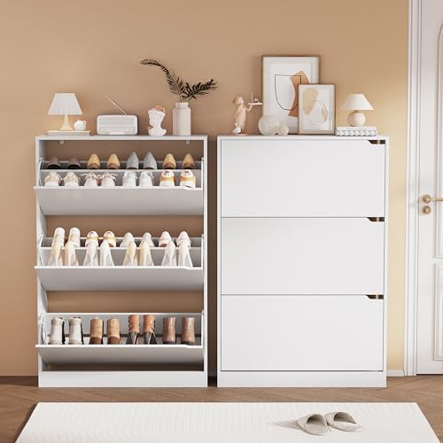 Shoe Storage Cabinet, Wood Shoe Organizer for Entryway with 3 Flip Drawers, Freestanding Shoe Rack with Adjustable Shelf, Narrow Shoe Dresser for Front Door Entrance (White, 3 Drawers) - Image 3