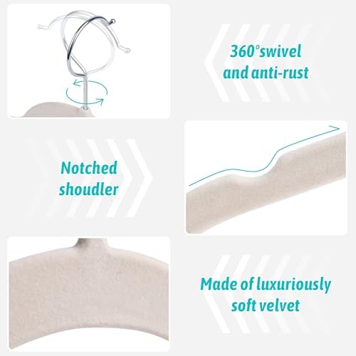 Sishynio Velvet Hangers 100 Pack, Non-Slip Slim Felt Clothes Hangers Beige - Image 2