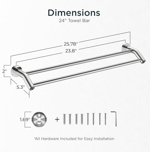 FORIOUS Double Towel Bar 24", Bathroom Towel Holder Rod Wall Mounted Chrome - Image 2