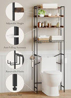 Quikraen 4 Tier Over The Toilet Storage Shelf with 3 Adjustable Shelves, Space Saver Bathroom Organizer with 4 Hooks, Freestanding Above Toilet Rack for Restroom Laundry (Brown) - Image 3
