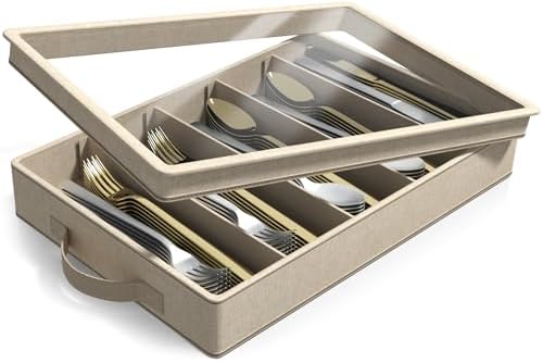 Sorbus Flatware Storage Box, Clear Silverware Organizer with Lid (Beige) by Sorbus