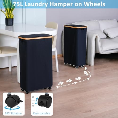 efluky Slim Laundry Basket with Wheels, Narrow Rolling Laundry Hamper with Lid and Removable Bag, Aesthetic Dirty Clothes Hamper on Wheels for Laundry Room, Bedroom, Dorm and Bathroom, 75L Dark Black - Image 2