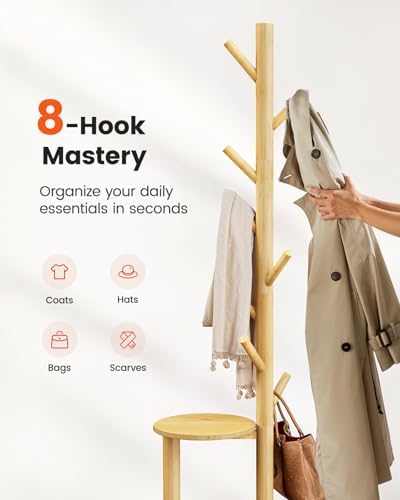 Pipishell Solid Wood Freestanding Coat Rack with 8 Hooks & Shelves, Natural - Image 6