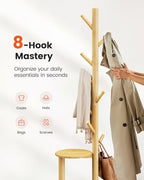 Pipishell Solid Wood Freestanding Coat Rack with 8 Hooks & Shelves, Natural - Image 6