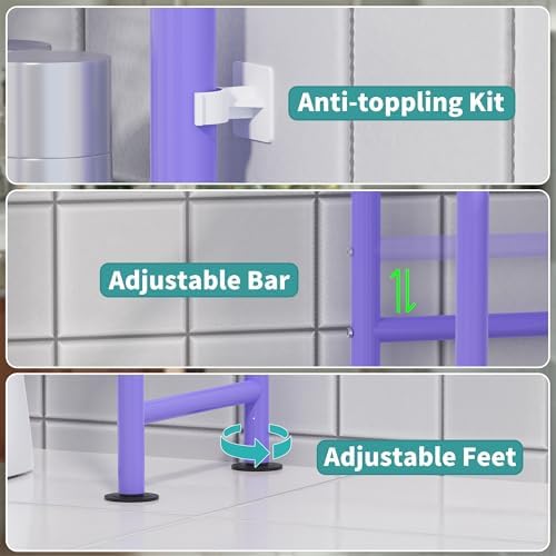 3-Tier Over The Toilet Storage Organizer, Space-Saving Bathroom Rack with Paper Holder & 4 Hooks, 64" Tall Freestanding Carbon Steel Shelf for Small Apartment Laundry Room (Purple) - Image 5