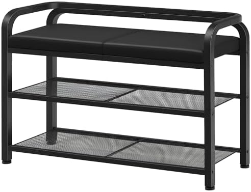 YATINEY Shoe Bench with Backrest, Entryway Bench, 2-Tier Shoe Rack with PU Padded Seat, Upholstered Shoe Storage Bench with Back, for Hallway, Entryway, Foyer, Bedroom, Black HX04BB by Yatiney