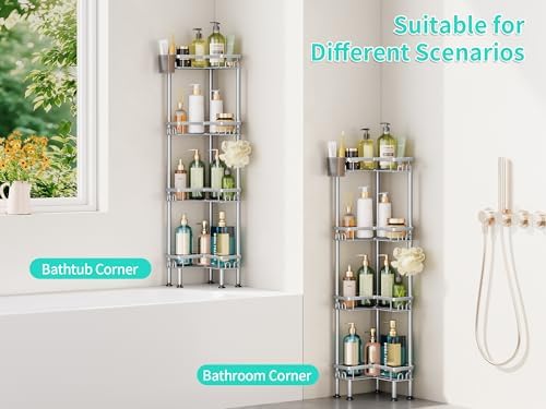 HapiRm Standing Shower Caddy Corner - 4 Tier Corner Shower Organizer with Toothbrush Holder and 16 Hooks, Large Capacity Rustproof Bathroom Shelves for Tall Bottles, Silver - Image 4