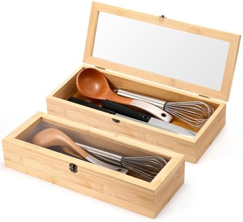 Baderke 2 Pieces Bamboo Drawer Organizer with Clear Lid Stackable Utensil Organizer Kitchen Silverware Holder Bamboo Flatware Cutlery Storage Box in Drawer by Baderke