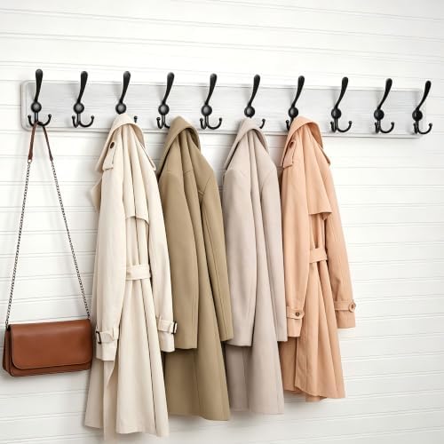 WEBI Coat Rack Wall Mount,38 9/16" Long,10 Hooks,Large Coat Hooks Wall Mounted,Coat Hanger Wall,Farmhouse Wood Hook Rack Rail,Triple Hooks for Hanging Coats,Clothes,Jacket,Black/White - Image 2