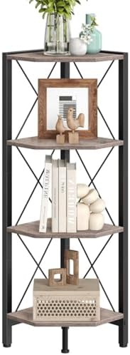 CHOEZON 4-Tier Corner Shelf, Corner Bookcase, 43.3" Tall Vertical Display Rack, Plant Stand, Open Storage Shelf, for Living Room, Bedroom, Study, Kitchen, Greige and Black TCJ14BG - Image 7