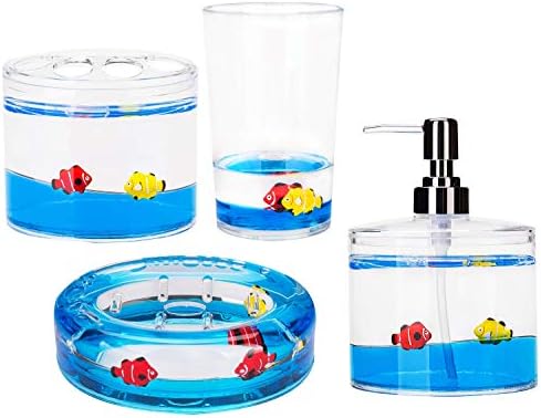 Locco Decor 4 Piece Acrylic Liquid 4D Floating Motion Bathroom Vanity Accessory Set Ocean Cartoon Animal Theme Fish Toothbrush Holder, Tumbler, Soap Dispenser, Soap Dish by LoccoDecor