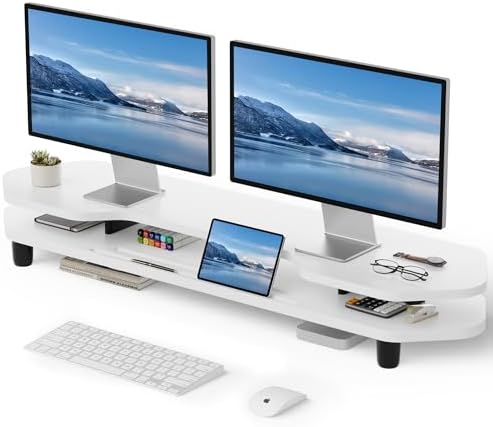 AFOOYO 2 Tier Dual Monitor Stand Riser,Wider Board Computer Monitor Stand for 2 Monitors,Slot For Phone/Tablet Office Desktop Organizer for Laptop,PC,Computer,Printer,White by AFOOYO