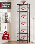 Sakugi Storage Shelves - 6-Tier Large Capacity Shelf Organizer with Hooks, Heavy-Duty Garage Shelving with Leveling Feet, Wobble-Free Rack for Bedroom, Balcony, Garage, 18.1"×12.4"×70.1", Black - Image 3