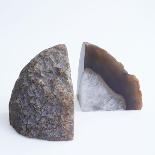 Natural Agate Geode Bookends - 4 to 5 lb Heavy Duty Rock Crystal Stone Book Ends for Shelves, with Rubber Bumpers, Decorative Book Holders for Home Office - Image 2