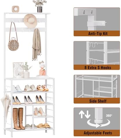 GiftGo Modern White Large 5-Tier Hall Tree Entryway Wooden Shoes Rack Shelf Coat Rack with Movable 9 Metal Hooks Storage Organizer for Home Office Bedroom Mudroom Living Room - Image 7