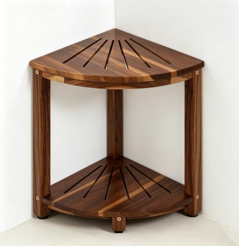 Corner Shower Stool with Storage Shelf, Shower Foot Rest for Shaving Legs, Corner Shelves Shower Caddy Stand, Shower Stool, Sturdy Bathroom Organizer for Kitchen, Living Room–Acacia Wood by Topspeeder