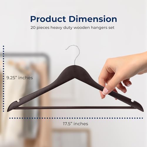SereneLife 20 Brown Wooden Hangers Non-Slip Heavy Duty Suit and Coat Hanger Set with Chrome 360° Swivel Hooks Notches and Pants Bar Design for Closet Organization Clothes Durable 10 lb Capacity - Image 2