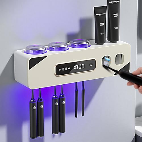 Automatic Toothpaste Dispenser,Rechargeable Toothbrush Holders for Bathrooms,3 Cups Electric Toothbrush Holder Wall Mounted with Toothpaste Dispenser Bathroom Decor (White) by Wekity