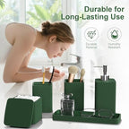 Dark Green Bathroom Accessories Set 5 Pieces, Resin Toothbrush Holders Set Complete with Soap Dispenser, Toothbrush Holder, Vanity Tray, Bathroom Tumbler and Qtip Holder for Small Spaces - Image 3