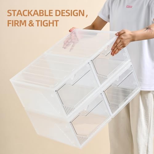 Large Shoe Boxes Clear Plastic Stackable，Drop Front Shoe Box with Clear Door, Shoe Containers For Sneaker Display,Fit up to US Size12 (white clear-Conjoined structure, 10 pack) - Image 4