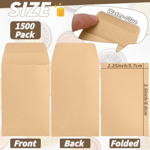 1500 Pack Small Coin Envelopes 2.25x 3.5in Brown Kraft Small Cash Envelopes Mini Key Envelopes with Gummed Flap for Home and Office Use - Image 2