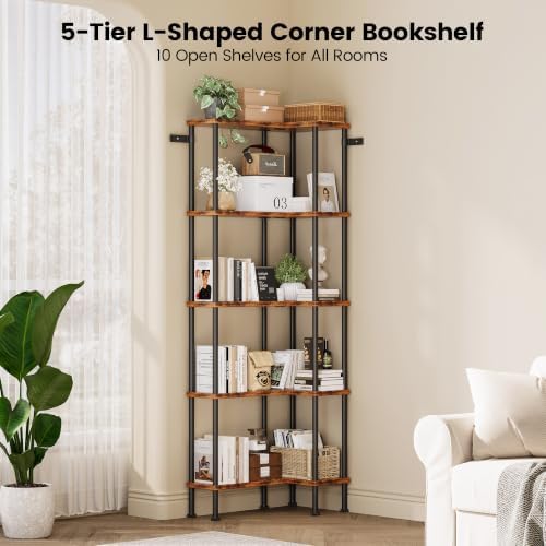 Corner Bookshelf 5-Tier, L-Shaped Bookcase for Small Spaces, Rustic Brown - Image 3