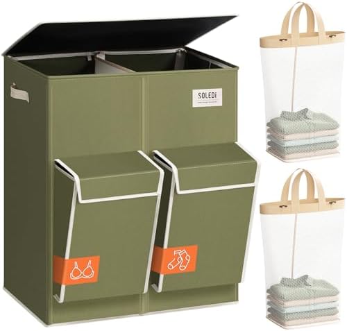 SOLEDI 180L Double Laundry Hamper with Lid and 2 Side Pockets, Dual Hamper by SOLEDI