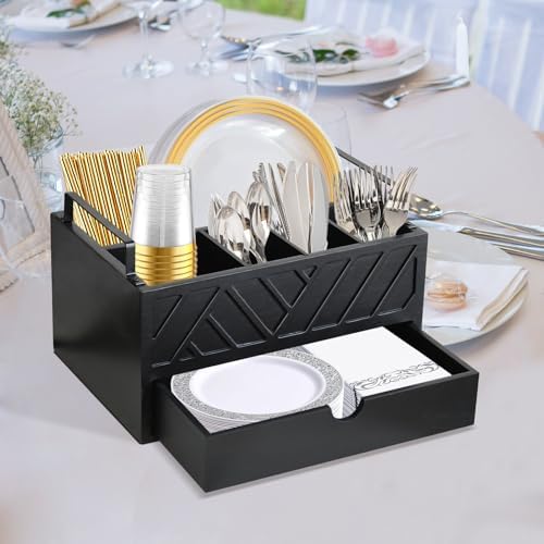 Paper Plate Dispenser with Drawer, Paper Plate Holder for Kitchen Counter, Wood Rustic Silverware Utensil Caddy, Cutlery Flatware Organizer for Cup Spoon Fork Plates Napkins, Black Kitchen Accessories - Image 4