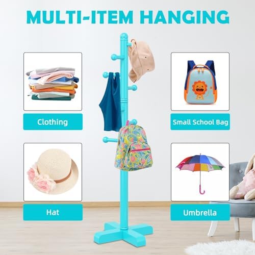 8-Hook Freestanding Wooden Coat Rack 2 Adjustable Heights Blue - Image 6