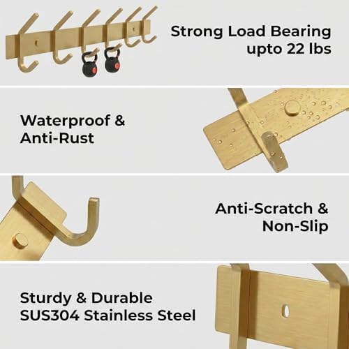 Brushed Gold Wall Mounted Coat Rack – 17 Inch Stainless Steel Rail with 6 Double Coat Hooks for Entryway, Bathroom, Bedroom, Kitchen – Modern Gold Hook Rack for Coats, Hats, Towels - 2 Pack - Image 3