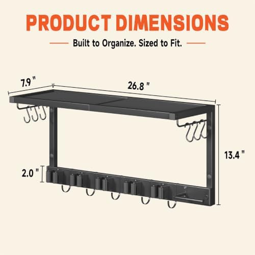Broom Holder Wall Mount Heavy Duty, 26.8" Garage Tool Organizer with Shelf and Hooks, Metal Broom and Mop Organizer Wall Hanging for Laundry Room, Kitchen, Black - Image 3