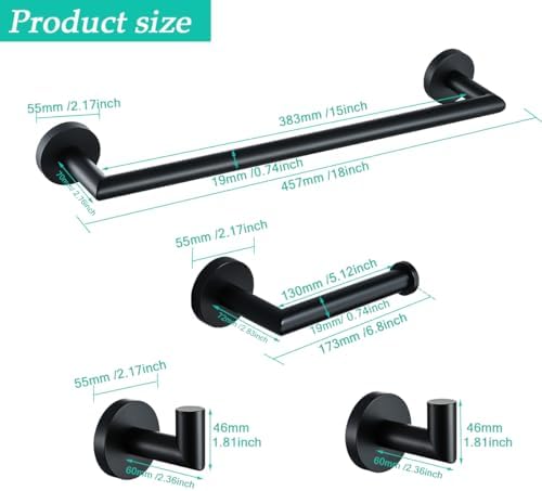 Matte Black Bathroom Hardware Accessories Set 4 Pieces,18 Inch Towel Bar,Toilet Paper Holder,Towel Hooks,SUS 304 Stainless Steel Wall Mounted Bathroom Towel Bar Set,SE96018S-4MB - Image 2