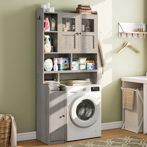 Itaar Over The Toilet Storage Cabinet, Over Toilet Bathroom Organizer with Glass Doors & Toilet Paper Holder Stand, Home Space-Saving Toilet Rack, for Bathroom, Restroom, Laundry, Grey - Image 4