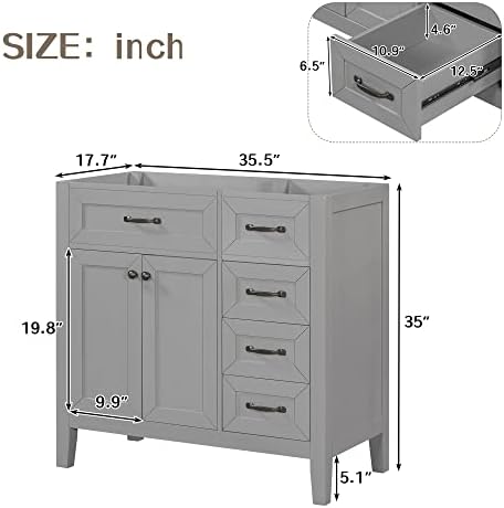 Flieks 36" Bathroom Vanity Without Sink, Cabinet Base Only, Bathroom Cabinet with Drawers, Solid Frame and MDF Board, Grey - Image 2