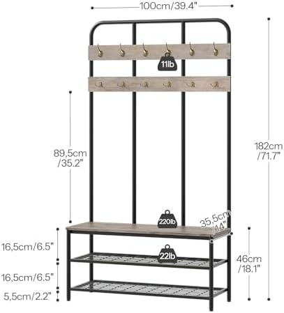 HOOBRO Hall Tree with Bench, Entryway Bench with Coat Rack, Mud Room Rack with 12 Double Hooks and Shoe Storage, Coat Tree, Shoe Organizer, for Foyer, Front Door, Greige and Black BG05MT01 - Image 4