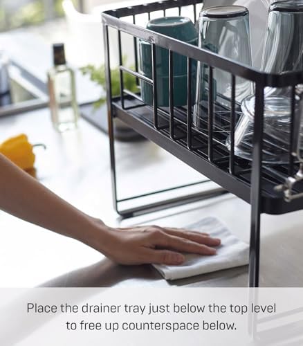 YAMAZAKI Home Tower Two-Tier Adjustable Dish Drainer Rack, Compact Drying Rack with Hooks, Utensils Holder - Steel - - Image 3