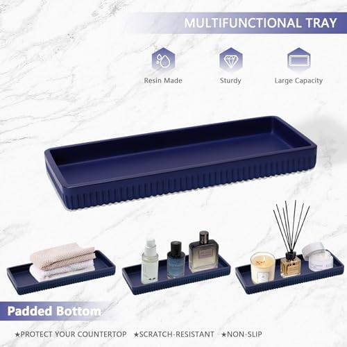 XLHOMO Resin Navy Blue Bathroom Accessories Set 5 Pcs, Lotion Soap Dispenser, Toothbrush Holder, Bathroom Tumbler, Qtip Holder and Vanity Tray, Bathroom Countertop Organizer Set for Modern Apartment - Image 5