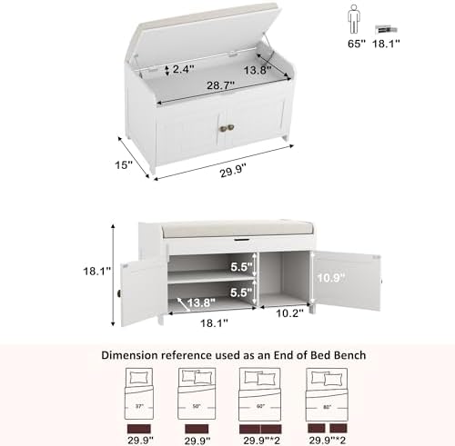 HOMEFORT 30" Shoe Bench with Lift Top Storage, Entryway Bench with Cushioned Seat, Wooden End of Bed Bench, Shoe Cabinet Bench with Hidden Storage Space, for Bedroom, Hallway,White - Image 3