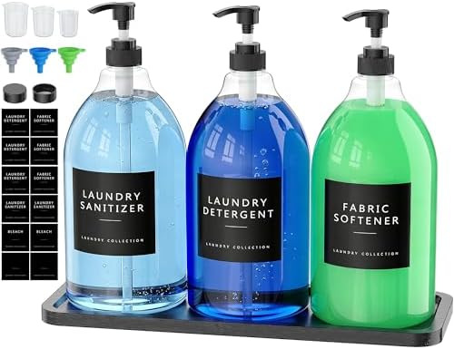 Moforoco 3 Pack Black Liquid Laundry Detergent Dispenser with Bamboo Tray, 64 Oz Plastic Laundry Soap Dispenser, Fabric Softener Dispenser with Pump and Labels for Laundry Room Decor and Organization by MOFOROCO