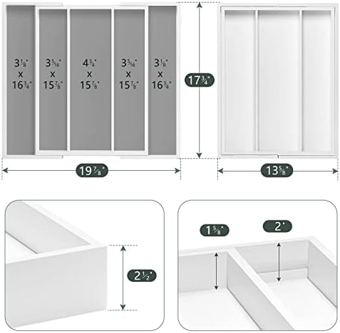 Utensil Organizer for Kitchen Drawers - Bamboo Silverware Tray Expandable 5 Slots Drawer Organizer for Office and Pantry Supplies W13.7-19.9" x L17.6 X H2.5 (White) - Image 2