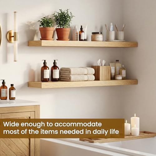 Dreamland 32inch Floating Shelves for Wall, Rustic Oak Floating Shelves for Bathroom|Bedroom|Kitchen, Deep Wall Mounted Book Shelf, Wood Storage Display Shelf for Home Decor, Set of 2 - Image 5