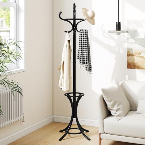 Tangkula Coat Rack with Umbrella Holder, 73 Inch Freestanding Coat Hanger Stand with 12 Hooks, Wooden Entryway Coat Tree for Clothes, Bags, Hats, Scarves, Living Room, Bedroom, Hallway (Black) - Image 4