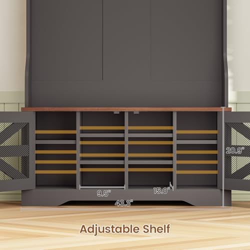 Itaar Hall Tree with Bench and Shoe Storage, 5-in-1 Entryway Bench with Coat Rack, 10 Shoe Cubbies & 9 Coat Hooks, Barn Door & Adjustable Shelf (Black) - Image 7