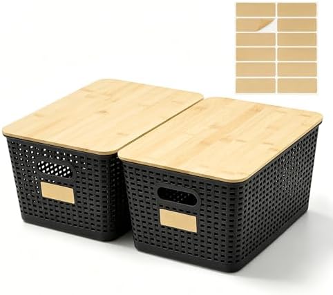 Bagnizer 2 Pack Tall Plastic Storage Bins with Bamboo Lids, 10.8qt Stackable Storages Baskets for Organizing Desktop Closet Playroom Classroom Office, 12"L x 8.3"W x 6.1"H, Black by Bagnizer