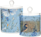 Light Blue Floral Bluebonnet Butterflies Qtip Holder Waterproof Dustproof Apothecary Jars with Lids For Bathroom Cotton Swabs Makeup Sponges Floss Picks Bath Salts 2 Pack - Image 2