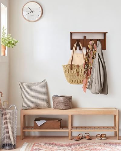Wooden Coat Rack Wall Mount with Shelf, Heavy Duty Entryway Organizer with 4 Hooks,Coat Hooks Hanger for Coats, Hats, Bags & Towels, Walnut Wall Hanger for Hallway, Bedroom, Kitchen (4 Hooks) - Image 2
