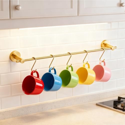NEWRAIN Pot Rack Wall Mounted, 21 inch Hanging Pot and Pan Hanger, Stainless Steel Kitchen Rail Coffee Mug Rack with 10 S Hooks,Brushed Gold - Image 3
