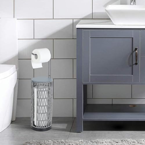 Trongee Boho Toilet Paper Holder with Storage，3 Rolls of Freestanding Toilet Paper Roll Holder Stand,Wicker Tissue Holder for Bathroom,Rattan Sturdy Bathroom Decor Farmhouse Toilet Paper Storage-Grey - Image 2